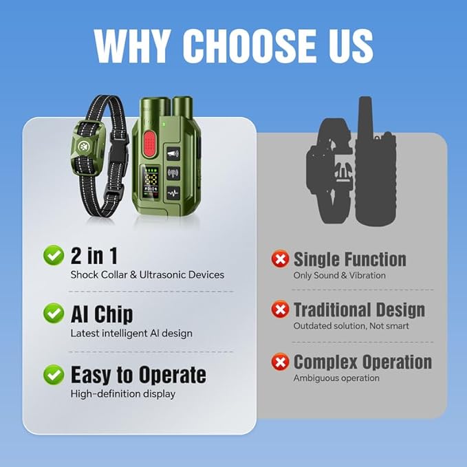 2 in 1 Dog Shock Collar & Ultrasonic Bark Deterrent Device – 3300FT Remote Training E Collar with Beep, Vibration & Safe Shock, IP67 Waterproof & Rechargeable for Small Medium Large Dogs