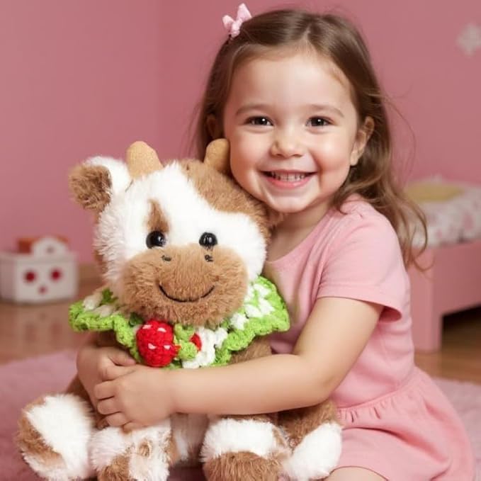 Hopearl Adorable Plush Cow Toy with Knitted Cute Strawberry Bib Floppy Dairy Cattle Soft Stuffed Animal Gifts for Boys Girls Kids Toddlers, Light Brown, 9''