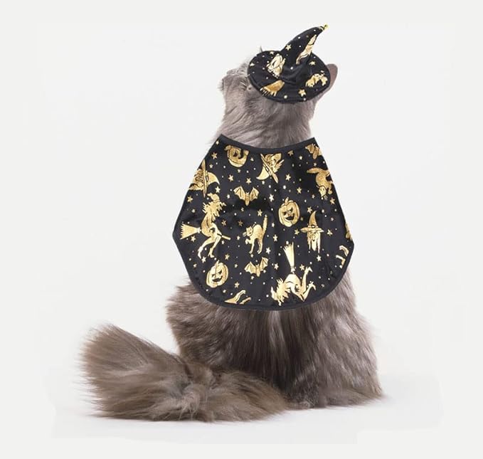 Pet Halloween Costumes Dogs Cats Halloween Witch Pet Costume Cape Hat Halloween Vampire Cloak Wizard Cats Cosplay Clothes Apparel for Small Dogs Cats Halloween Party Decorations
