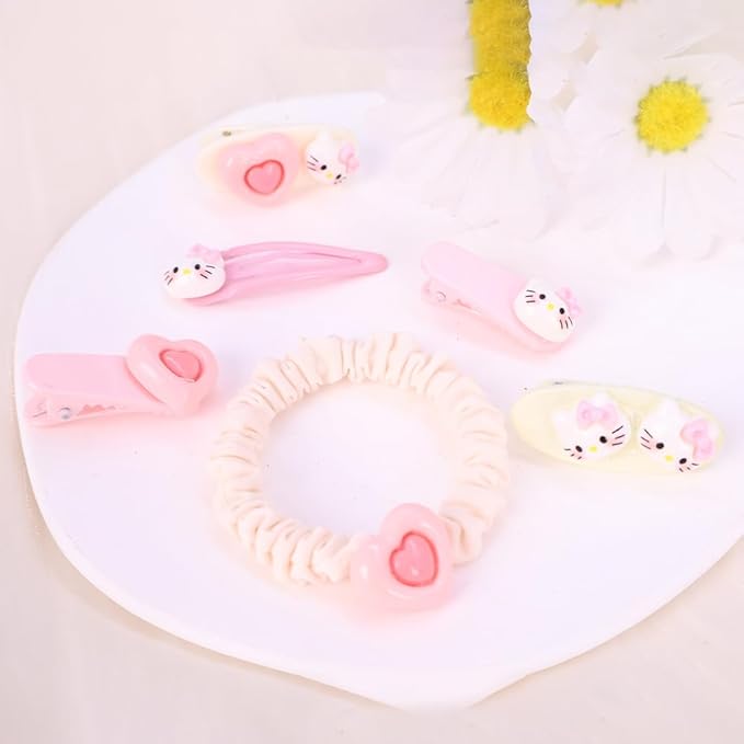Hair Clips for Women, Acrylic Resin Hair Accessories set with Hairbands Colored Hair Ties, Flower, Rainbow, Little Bear Clips Cute pattern for Birthday Prom Cosplay Party (pink Love cat)