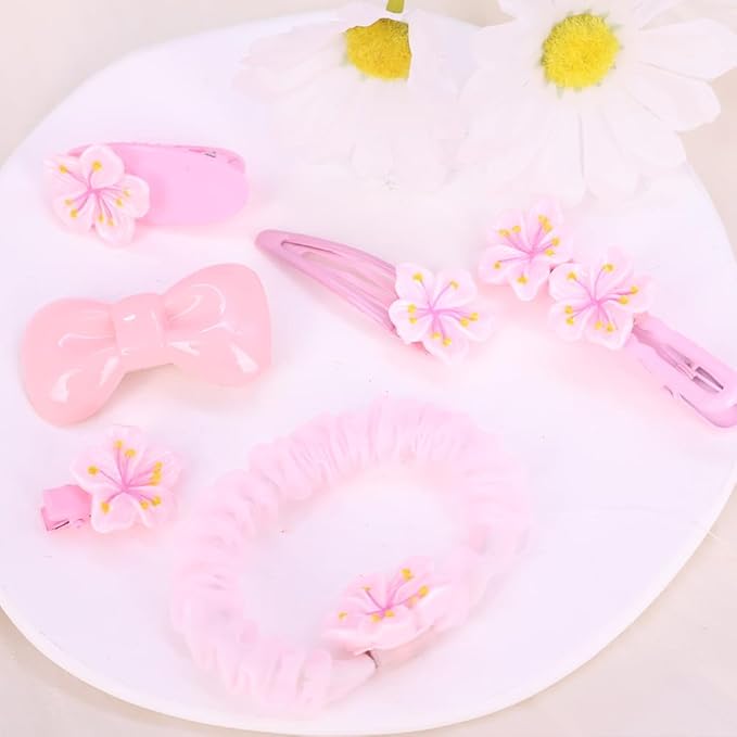 Hair Clips for Women, Acrylic Resin Hair Accessories set with Hairbands Colored Hair Ties, Flower, Rainbow, Little Bear Clips Cute pattern for Birthday Prom Cosplay Party (pink flowers Bowknot)