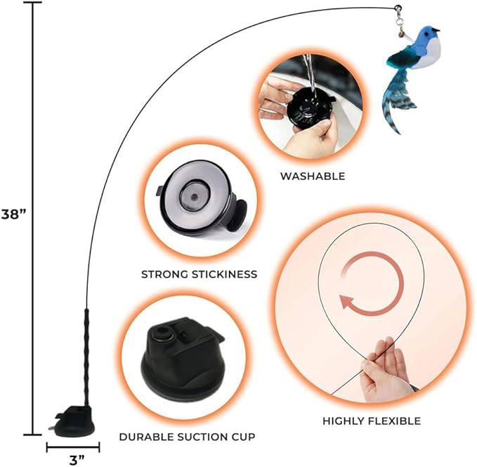 Whiskertons Interactive Bird Simulation Cat Toy Set, Interactive Cat Toys for Indoor Cats, Cat Feather Toy, Self-Holding Suction Cup, 5 Catnip Birds, Feathers, Bells (Catnip Bird Toy Set with 5 Birds)