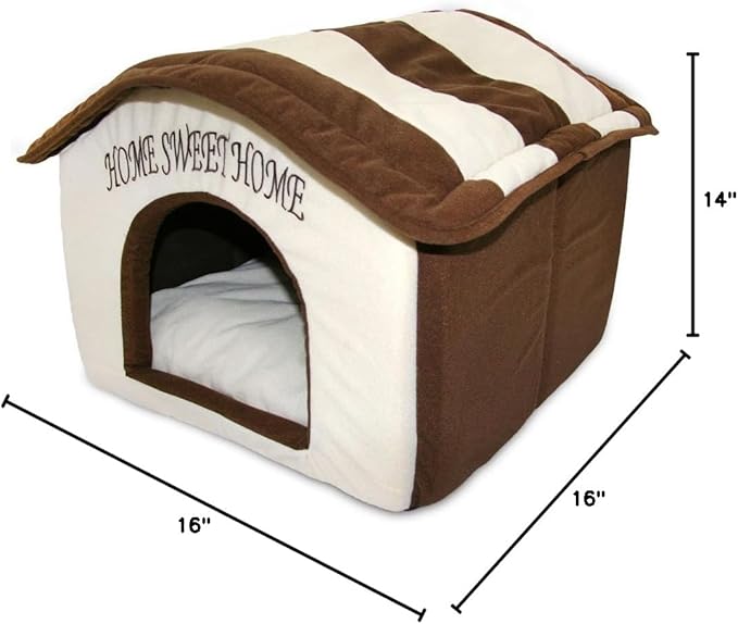 Best Pet Supplies Dog House Bed Crate Mat Tent Indoor Round Soft Plush for Small, Medium, and Large Breeds - Beige w/Brown Stripes, 16 x 16 x 14"