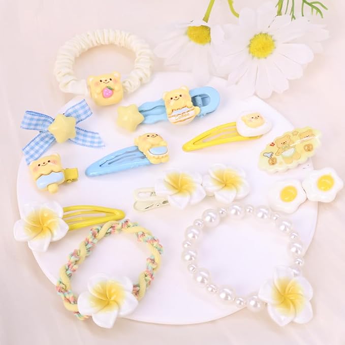 Hair Clips for Women, Acrylic Resin Hair Accessories set with Hairbands Colored Hair Ties, Flower, Rainbow, Little Bear Clips Cute pattern for Birthday Prom (yellow Frangipani blue Bowknot)