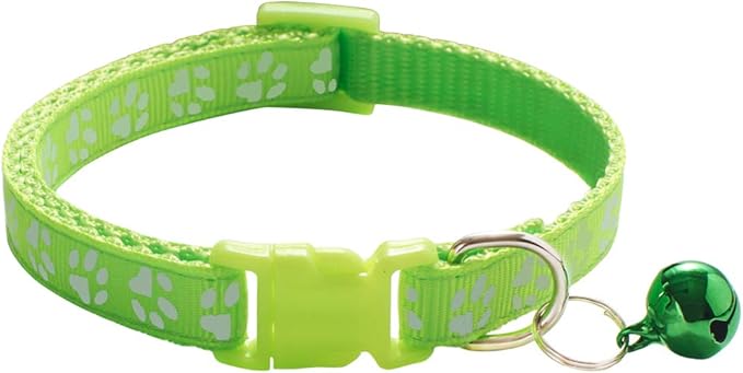 CHBORCHICEN 2-Pack Footprint & Reflective Cat Collar with Bell Basic Dog Cat Collar Buckle Adjustable Polyester Cat Dog Collar or Seatbelts (X-Small, Fluorescent Green)