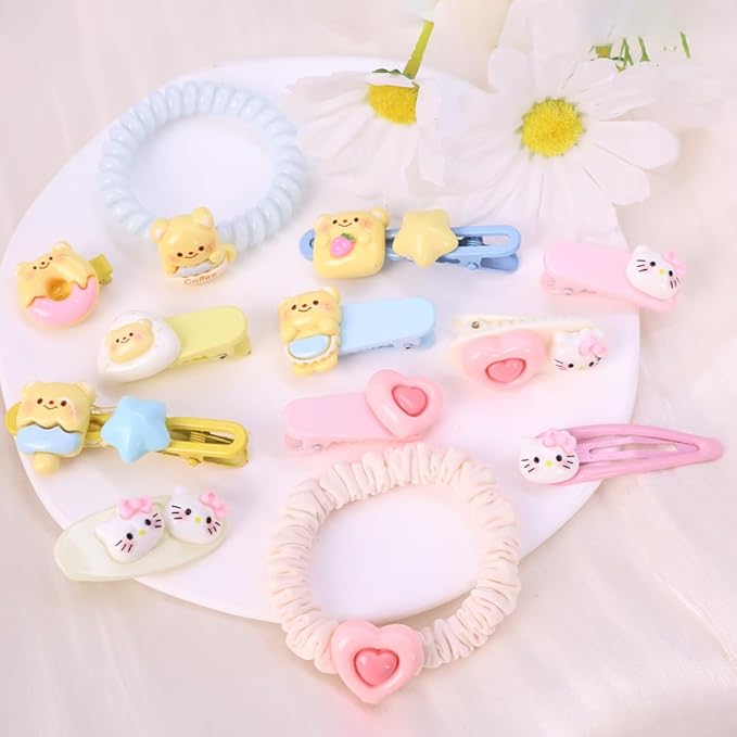 Hair Clips for Women, Acrylic Resin Hair Accessories set with Hairbands Colored Hair Ties, Flower, Rainbow, Little Bear Clips Cute pattern for Birthday Prom Cosplay Party (pink Love yellow Doughnut)