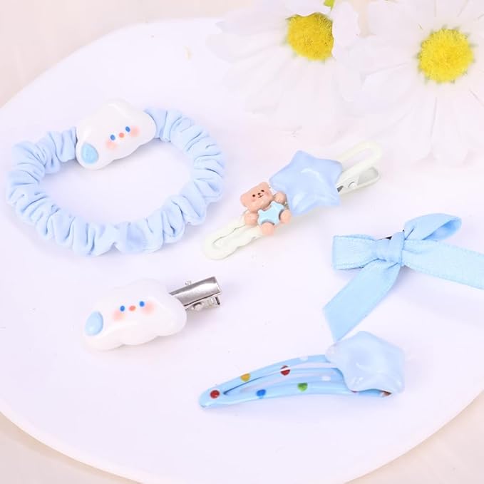 Hair Clips for Women, Acrylic Resin Hair Accessories set with Hairbands Colored Hair Ties, Flower, Rainbow, Little Bear Clips Cute pattern for Birthday Prom Cosplay Party (blue Cloud Star)