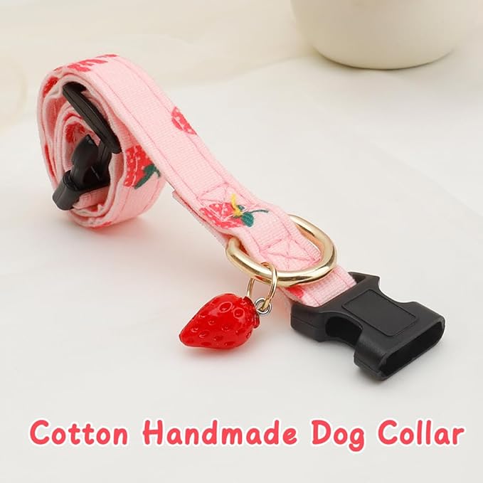 Cute Cotton Dog Collar for Small Medium Large Dogs Special Design with Cute Pink Strawberries Pendant Necklace for Girl Boy Male Female Dogs Pet Collar Soft Fabric Adjustable Puppy Collars Red - M