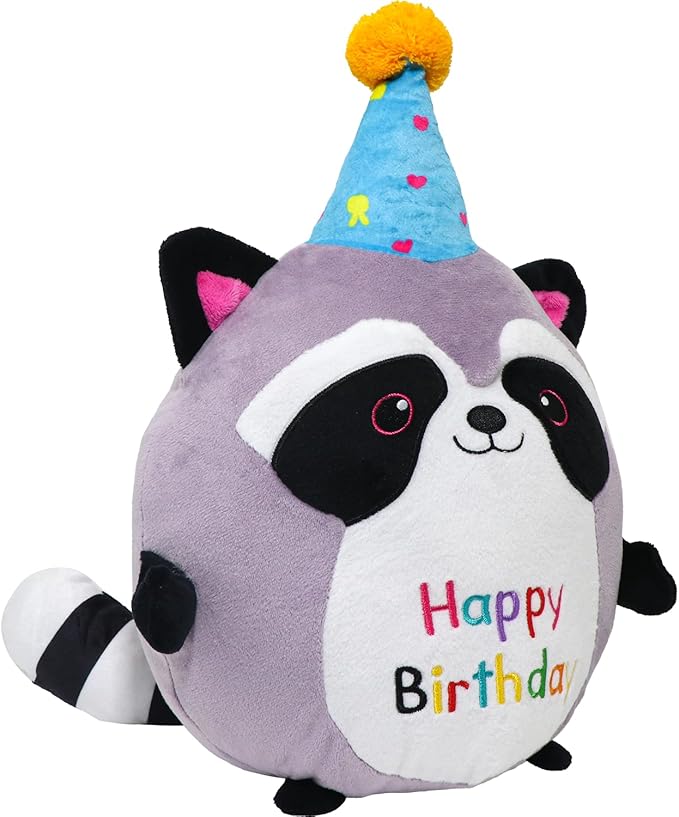 Raccoon Plush Toy 10 Inch Cute Birthday Stuffed Animal Soft Raccoon Plushies Pillow Wear Unicorn Birthday Hat Kawaii Cartoon Doll Gifts for Kid Toddlers Home Room Decoration