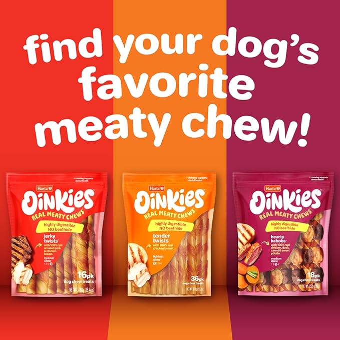 Hartz Oinkies Hearty Twists with Real Chicken & Sweet Potato Rawhide-Free Dog Treats, Highly Digestible Dog Chews, 24 Count