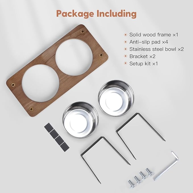 Elevated Cat Bowls, 15° Tilted Raised Cat Food Bowls Wood Pet with Stand Anti Vomiting 2 Stainless Steel for Cats and Puppy