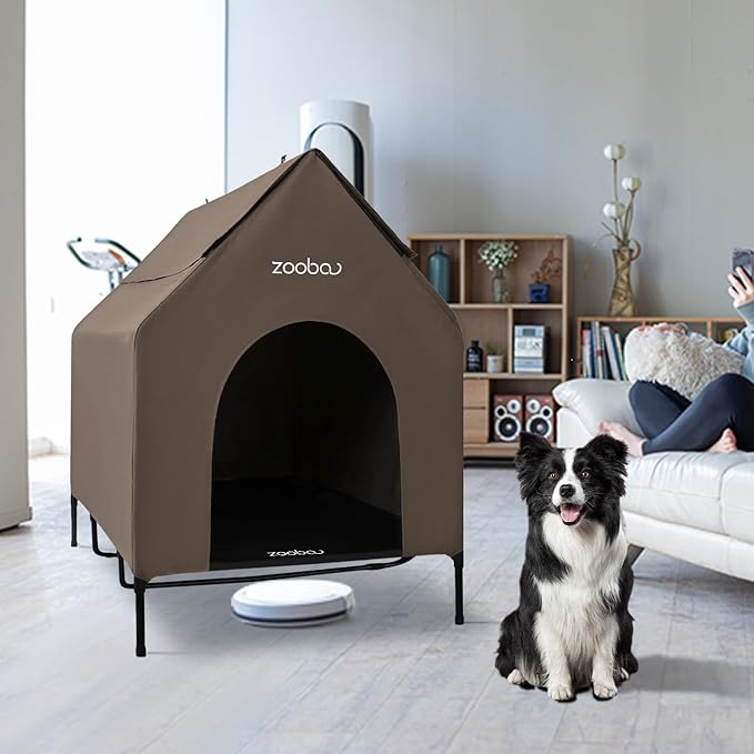 48" XL Outdoor Dog House – Weatherproof Elevated Pet Shelter, Breathable Mesh & Steel Frame, Easy to Assemble & Clean, Large Dog Houses for All Seasons (Brown)