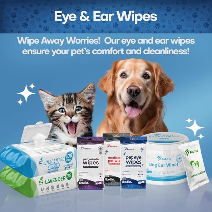 Pet Eye Wipes for Dogs & Cats | 5x6” Hypoallergenic Tear Stain Remover Wipes | 3X Larger Unscented Gentle Eye Wipes to Remove Discharge | 99% Natural Ing. Safe for Sensitive Pets | 60 Wipes