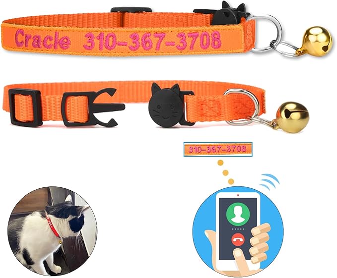 shangye Personalized Cat Collar, Custom Embroidered Cat Collars with with Name and Phone Number, Nylon ID Collar for Cat or Kitten with Breakaway Safety Release Buckle with Bell