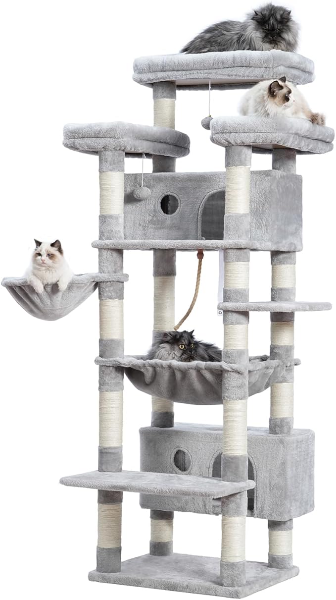 Cat Tree for Indoor Cats Large Adult, 74" Cat Tower with 3 Big Platforms, 2 Baskets, 2 Condos, Multi-Level Cat Scratching Posts, Light Gray GCT030W