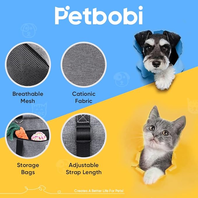 Petbobi Pet Reinforce Car Booster Seat for Dog Portable and Breathable car Booster seat with Seat Belt Dog Carrier Safety car seat for Travel, with Clip on Leash with PVC Tube (Cationic Fabric Grey)