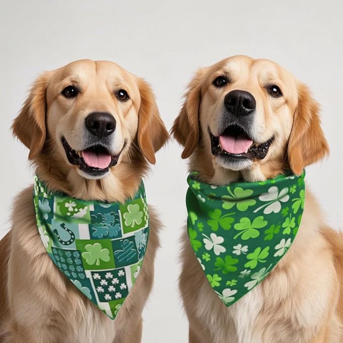 St. Patrick's Day Dog Bandanas, Irish Shamrock Design Scarves, Holiday Costumes, Pet Scarves for Boys and Girls, Dog Outfit Gifts for Medium to Large Dogs (Green, 2PCS)