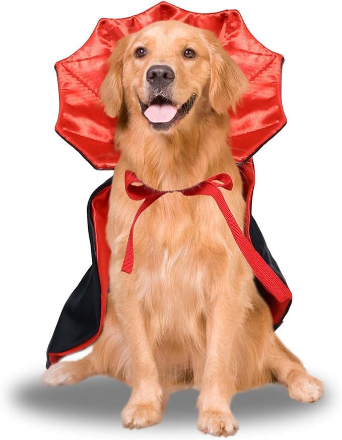ROSAUI Halloween Pet Vampire Cape – 23.62″ Adjustable Red & Black Costume for Large Dogs (Golden Retriever, Labrador, German Shepherd) Spooky Cloak with Stand-Up Collar (L Size)