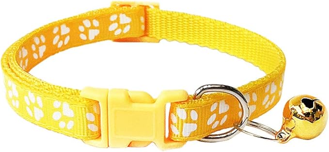 CHBORCHICEN 2-Pack Footprint & Reflective Cat Collar with Bell Basic Dog Cat Collar Buckle Adjustable Polyester Cat Dog Collar or Seatbelts (Small, Yellow)