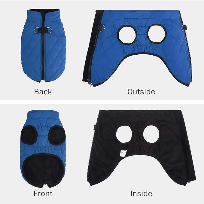 SCENEREAL Winter Dog Vest Coat with Harness Built in, Warm Puppy Jacket for Small Medium Dogs, Cold Weather Coat with Zipper, Fleece Puffer Vest Windproof Snow Clothes, Blue L