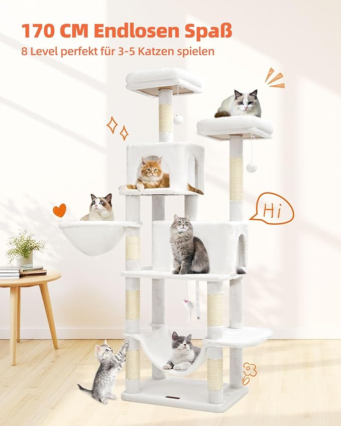 Taoqimiao Cat Tree, 66.2-Inch Cat Tower for Indoor Cats, Plush Multi-Level Cat Condo with 12 Scratching Posts, 2 Perches, 2 Caves, Hammock, 2 Pompoms, Cream White MS013C