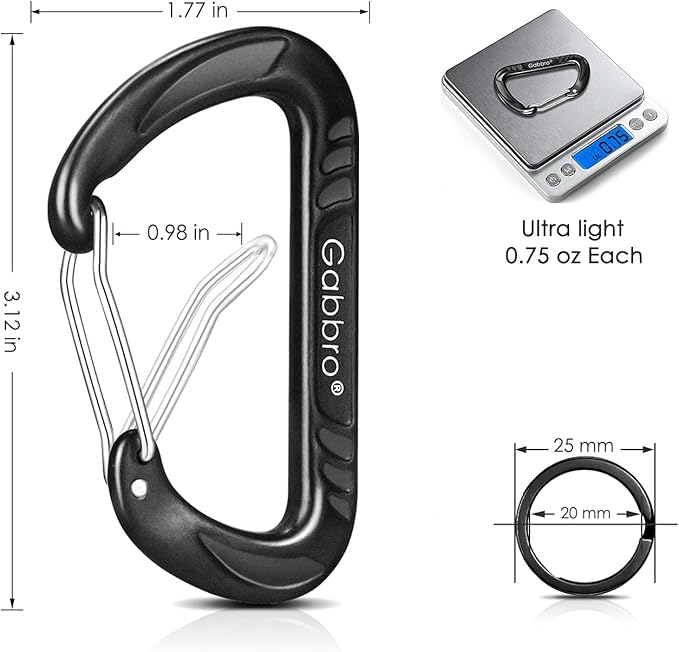 Gabbro Carabiner Clips Heavy Duty, | Wiregate Snap, Screw Locking, Aluminum, Lightweight Caribeener | for Hammock, Hiking, Camping, Water Bottle, Dog Leash Harness, Keychains