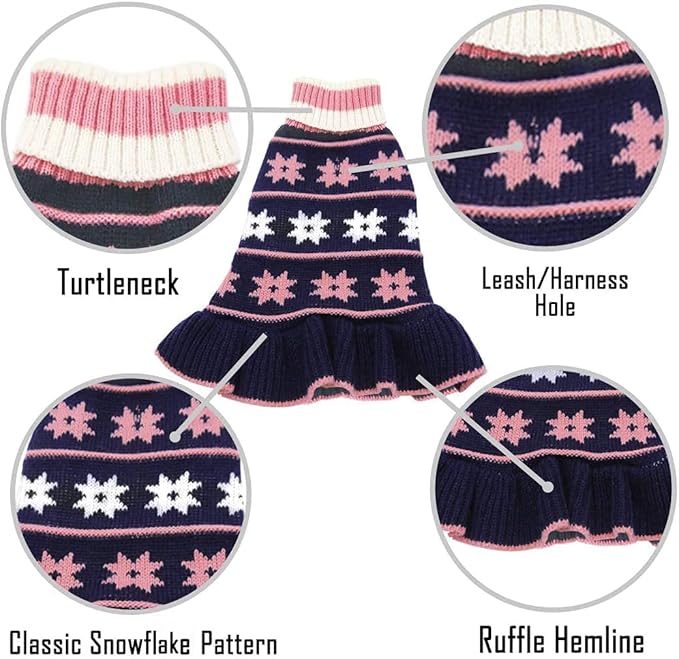 KYEESE Dog Sweater for Medium Dogs Fall Winter for Girl Dogs Clothes Warm Pet Coats with Leash Hole Pullover Dog Sweater Dress Knit Turtleneck Pet Sweater with Snow Flake Pattern, Navyblue, XX-Large