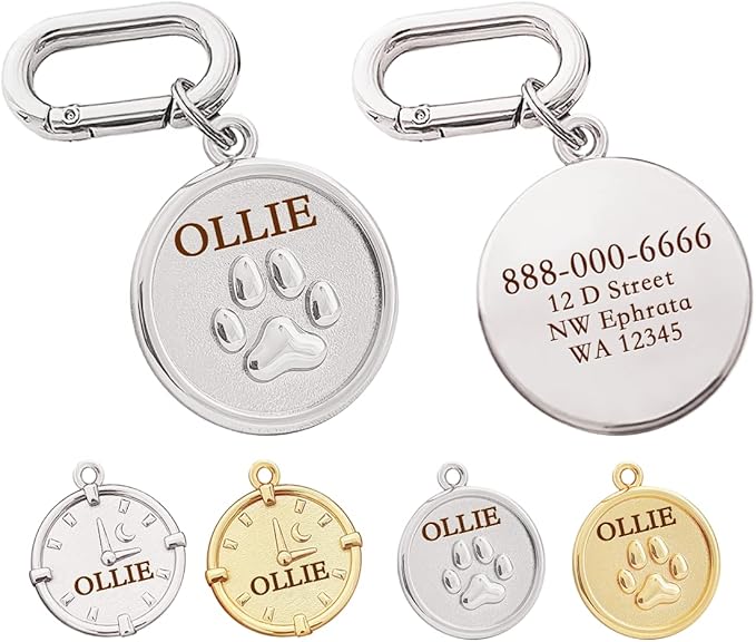 Dogs ID Tags Personalized Double Sided Deep Engraved Cat & Dog Collar Charm Round Shape Frosting Process Silver/Gold Plated (PAW-Gold)