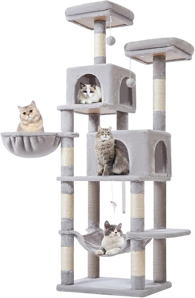 Taoqimiao 66-Inch Cat Tree Cat Tower for Indoor Cats, Plush Multi-Level Cat Condo with 7 Scratching Posts, 2 Perches, 2 Caves, Hammock, 2 Pompoms MS013W Light Gray