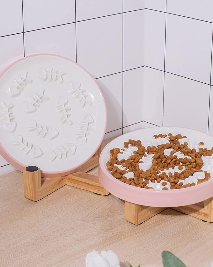 Raised Cat and Dog Slow Feeder Bowl With Stand, Ceramic Elevated Bowls for Healthy Eating Diet, Pet Puzzle Feeder, 3'' High, 8.5'' Wide