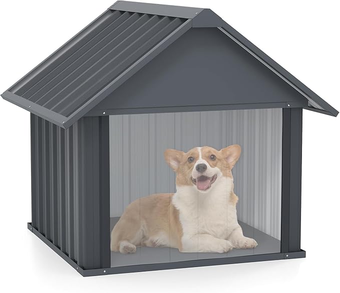 Erinnyees 36 Inch Dog House Outdoor with Door Curtain, Weatherproof Puppy Shelter for Medium Large Dogs with Anti-Chewing Iron Frame, Sturdy and Long-Lasting Dog Tent