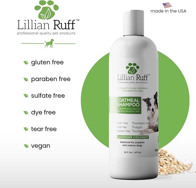 Lillian Ruff PRO Formula Deodorizing Oatmeal Dog Shampoo - Calms Itching & Allergies, Ultra-Nourishing Dry Skin Relief - Oatmeal, Aloe, Coconut Oil, Lavender & Provitamin B5 - Made in USA 16oz+Brush