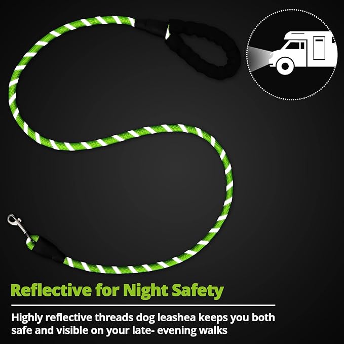 Rope Dog Leash 5 FT: Heavy Duty Leashes with Swivel Lockable Hook Reflective Threads Bungee and Padded Handle - Dog Lead for Large Small Medium Dogs Outside Walking Hiking Green