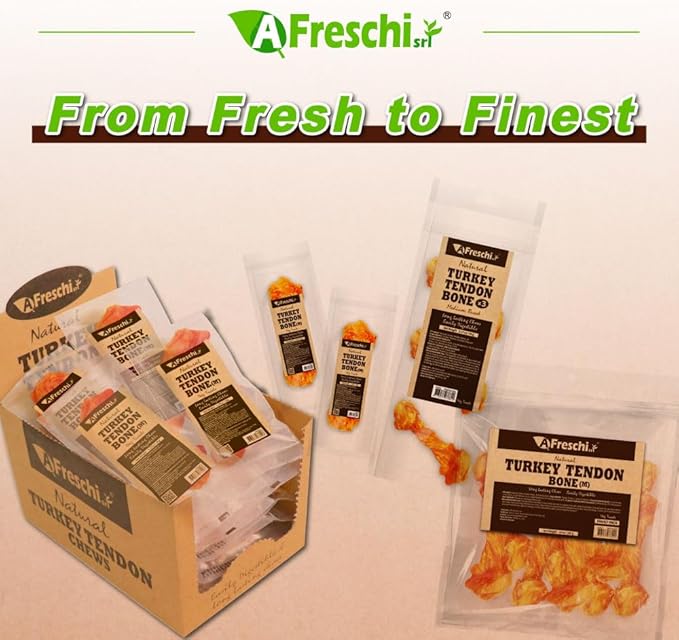 AFreschi Turkey Tendons for Dogs, USA-Sourced, Healthy Dog Treats, Rawhide-Free Puppy Chews, Long Lasting, All Natural, Hypoallergenic Dog Treats for Medium Breeds, 2 Count Pack Bone (M)