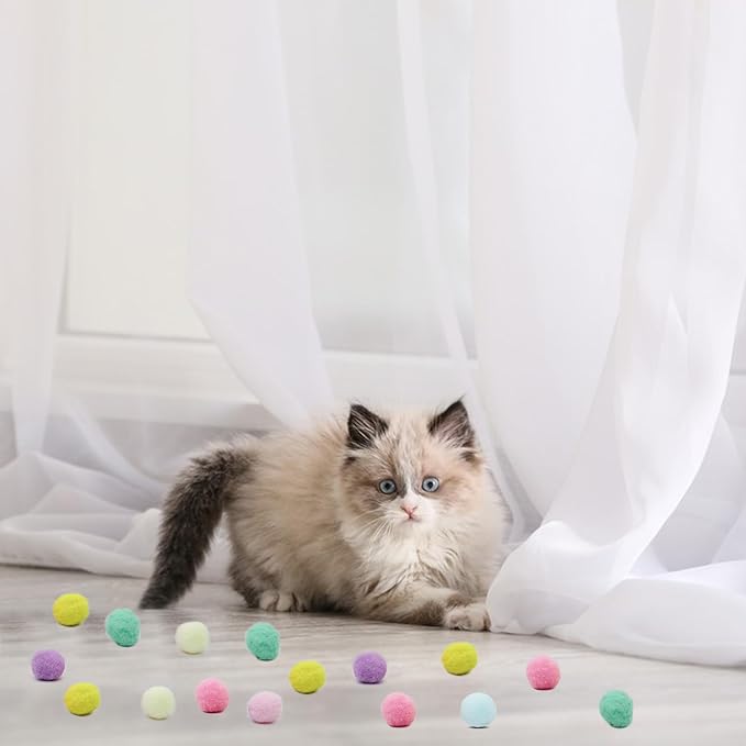 Andiker Cat Toy Ball Set, 30pcs Plush Cat Pom Pom Balls & 1 Plastic Cats Fetch Toy Launcher Set for Kitten Catch Fetch Interactive Cat Toy with Colorful Cat Ball for Indoor Cats (30 Balls+1 Launcher)