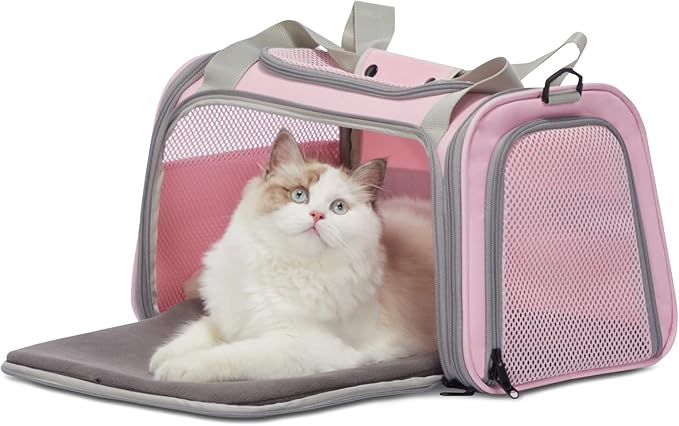 Airline-Approved Cat Carrier 17.5ร10.5ร10.5 in, Escape-Proof Design with Locking Zippers & Safety Leash, Easy-Access 3-Way Entry, Washable Mat, Gift-Ready Holiday Choice for Cats up to 12 lb