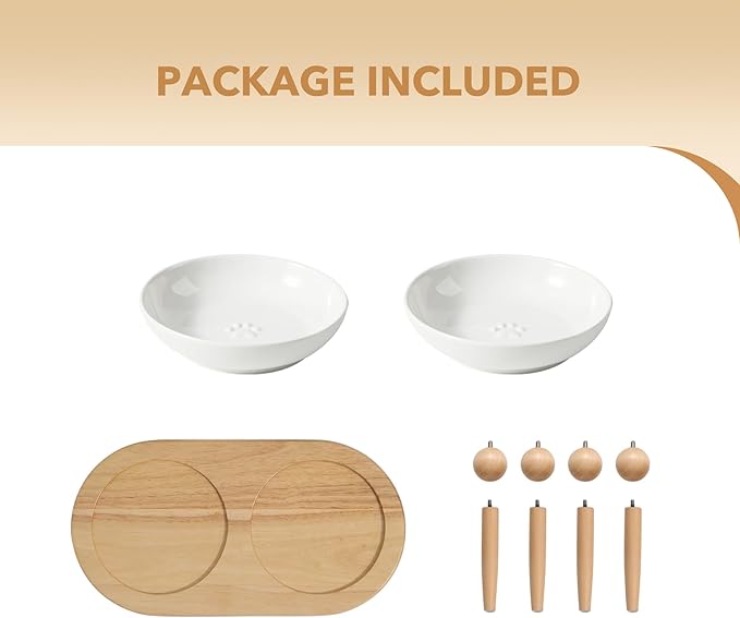 Raised Ceramic Wide Whisker Friendly Cat Dishes, Anti-Slip Food& Water Bowl with 2 Style Stand Adjustable Pet Bowl Set(2Dish+Stand, White)