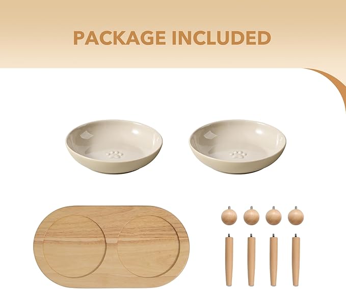 Raised Ceramic Wide Whisker Friendly Cat Dishes, Anti-Slip Food& Water Bowl with 2 Style Stand Adjustable Pet Bowl Set(2Dish+Stand, Vintage Latte)