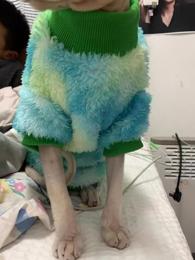 Sphynx Cat Warm Turtleneck Sweater, Thick Soft Double-Sided Fleece Clothes for Cats, Two-Legged Winter Onesie for Cats and Small Dogs,Pjs for Cats and Puppy (Green Tie-dye, XL (6.5-8.5lbs))