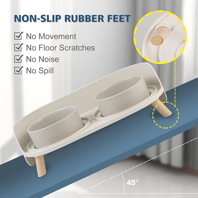 Elevated Ceramic Cat Bowl Set - Raised Double Dishes for Food & Water - Non-Slip Stand & Splash Proof - for Cats & Puppies - 2 x 480 ML - 16.23 OZ