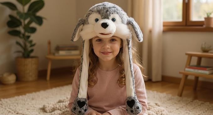 Animal Hat with Ears Moving Jumping Pop Up Beating Hat Plush Holiday Cosplay Dress Up Funny Gift for Kids