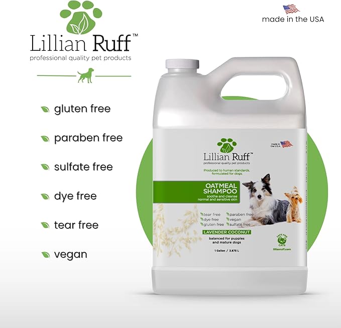 Lillian Ruff PRO Formula Deodorizing Oatmeal Dog Shampoo - Calms Itching & Allergies, Ultra-Nourishing Dry Skin Relief - Oatmeal, Aloe, Coconut Oil, Lavender & Provitamin B5 - Made in USA (Gallon)