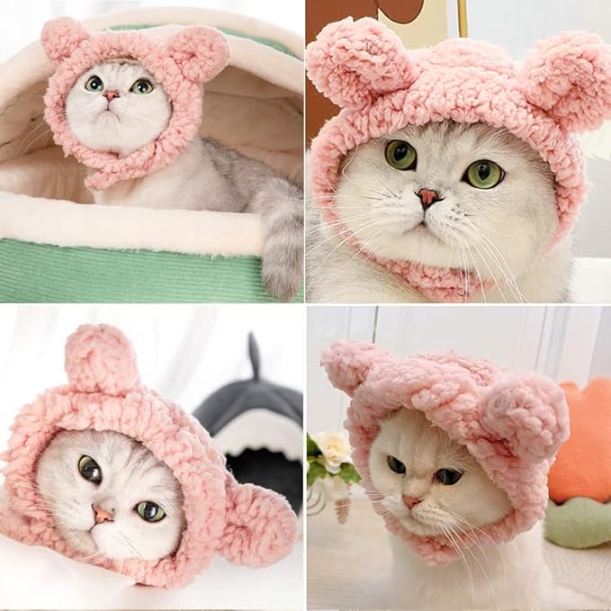 JOICEE Cute Cat Costume Warm Bear Hat for Cats Adjustable Soft Small Pet Headwear Bear Hat for Cat Puppy Dog (Pink)