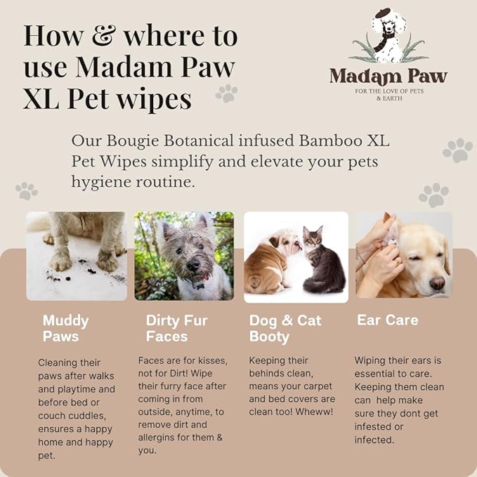 XL Organic Unscented Pet Wipes - Paws Body Butt - Plant Based Bamboo Pet Wipes - Thick Hypoallergenic & Textured for Cleansing & Gentle Hydrating Cat & Puppy Dog Wipes for Travel