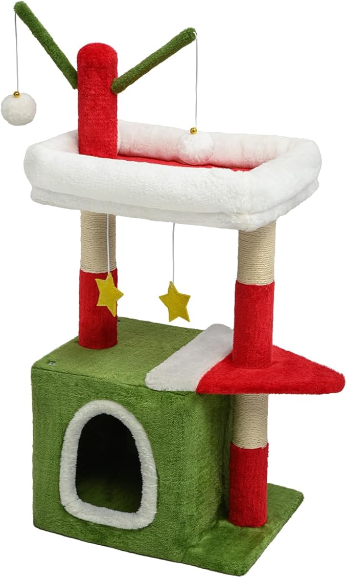 BYBYME 32" Christmas Cat Tree, Christmas Party Decoration for Cats, Sturdy Cat Furniture Set with Cat House, Hanging Toys, Scratching Sisal-Covered Posts(15.7 * 11.8 * 32in)
