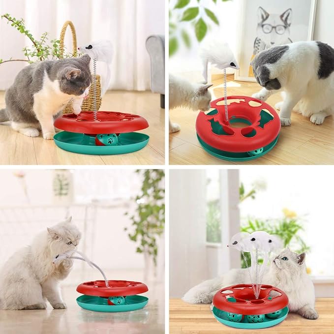 Pawzone Cat Toys, Cat Toys for Indoor Cats,Interactive Kitten Toys Roller Tracks with Catnip Spring Pet Toy with Exercise Balls Teaser Mouse (red)