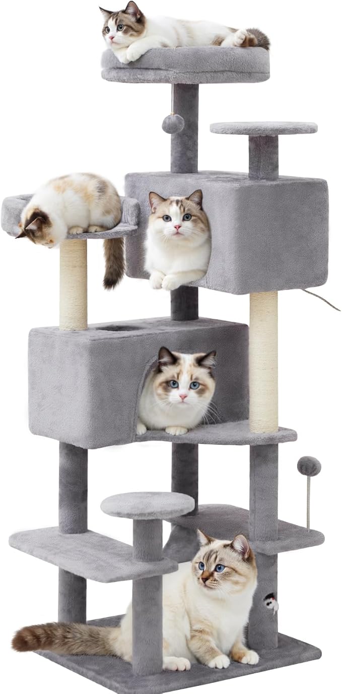 Cat Tree Tower with Large Hammock 54in Multi-Level Cozy Large Cat Tree with 2 Condo Top Perch Scratching Posts and Fun Cat Toys for Indoor Cats(Light Gray)