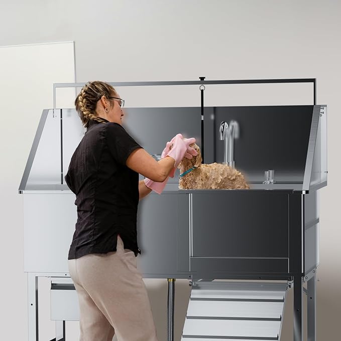 Professional 56" Dog Washing Station, 304 Stainless Steel Dog Bathing Station, Height Adjustable Dog Grooming Tub w/Ramp, Storage Drawer, Dog Bathtub for Large, Medium&Small Dogs (Right Ramp)
