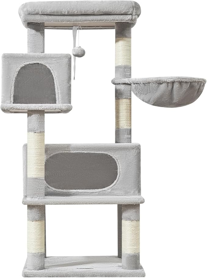 Taoqimiao Cat Tree,49-Inch Cat Tower for Indoor Cats,2 Luxurious cat condo with Adjustable Large Hanging Baskets and Large Luxurious Perch Light Gray MS029LW