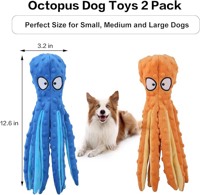 Octopus Squeaky Plush Dog Toys - No Stuffing, Crinkle, Durable for Puppy Teething, Small to Large Dogs, 2 Pack